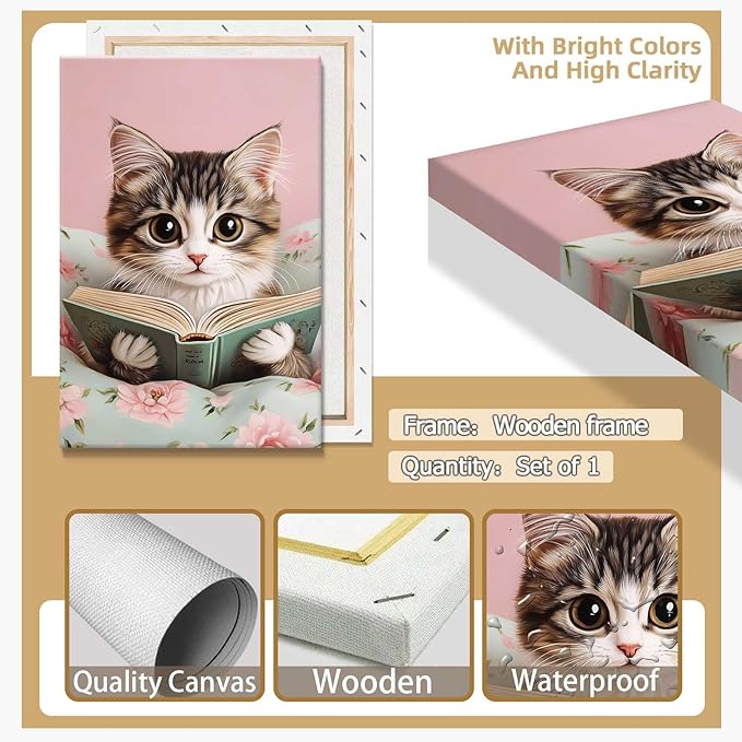 Trendy Cat Reading In Bed Canvas Wall Art Funny Pink Flower Animal Poster Funky Cat Lovers Monet Minimalist Prints Painting For Home Bedroom Kids Room Dorm Wall Decor 24x36in Framed