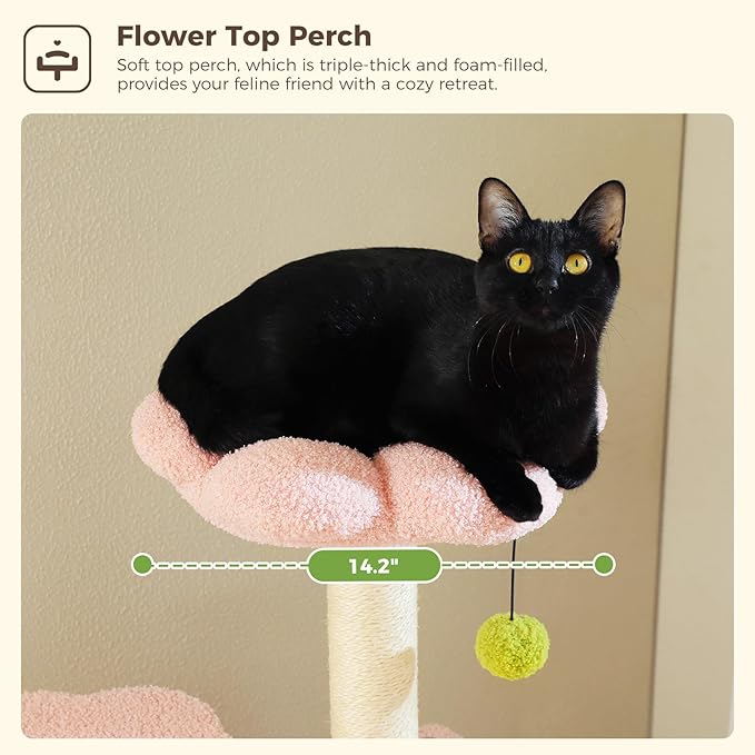 MUTTROS Flower Cat Tree, 62-Inch Large Cat Tower for Multi-Cat Households w/Scratching Posts, Multi-Level Cat Condo w/Cozy Top Perch & Scratching Pad, Padded Platform, 2 Pompoms, Pink