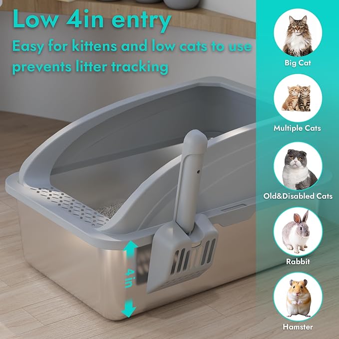 Stainless Steel Litter Box, Metal Litter Box with Scoop, High-Sided Leak-Proof Design, Non-Stick Base, Easy to Clean for Kittens, Senior & All Cats