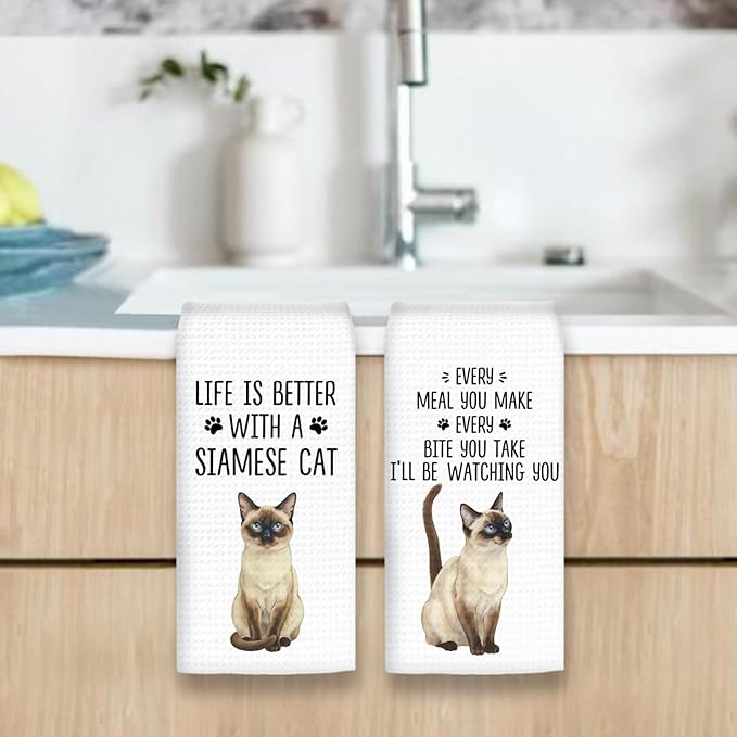 Gifts for Siamese Cat Lovers Kitchen Towels Set of 2, SiameseCat Gifts Hand Towels, Life is Better with a Siamese Cat Dish Towel Tea Towel for Kitchen, Cat Kitty Owners Kitchen Decor, 16x24In