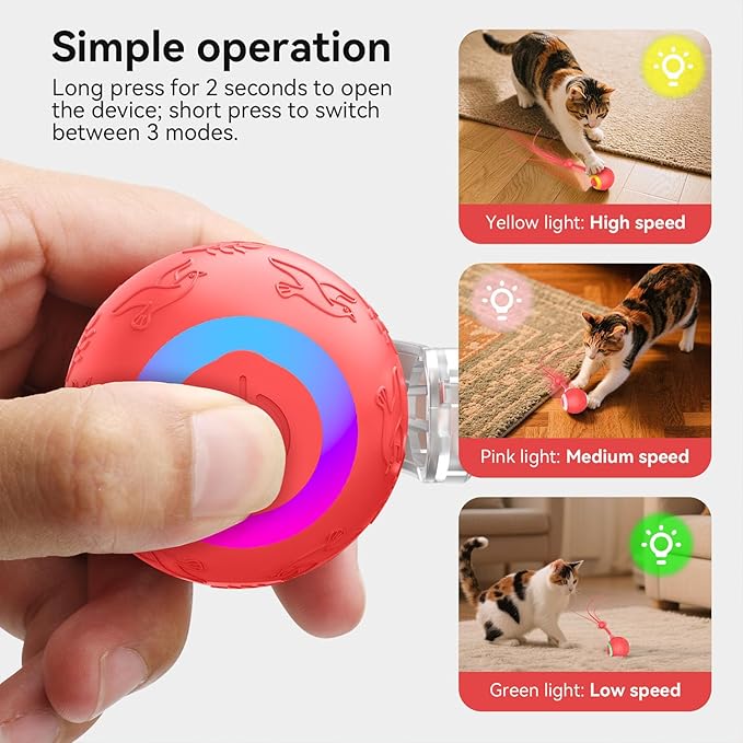 Interactive Cat Toys Ball for Indoor Cats Fast Rolling on Carpet, Chirping & Motion Activate Cat Toys, 3 Modes, ON/Off Sound