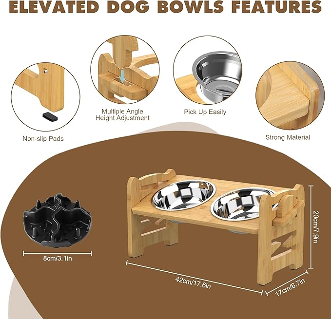 Adjustable Elevated Raised Feeder – Non-Slip Bamboo Stand with 2 Stainless Steel Bowls & 1 Slow Feeder for Small to Medium Size Dogs