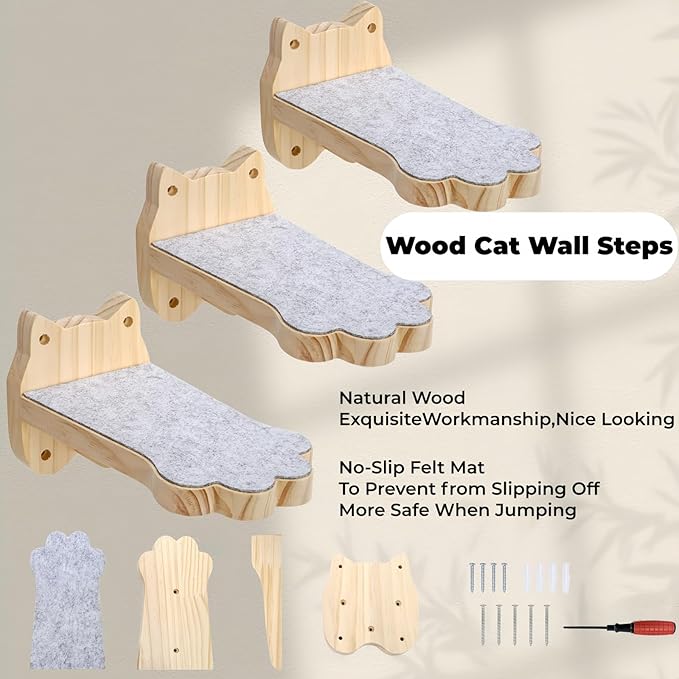 Tlence 3 Pack Cat Wall Shelves for Cats Steps, Wall Mounted Floating Cat Furniture with Non-Slip Felt, Cats Climbing Wall Stairs Perch for Jumping, Playing and Lounging, Holds up to 30lbs