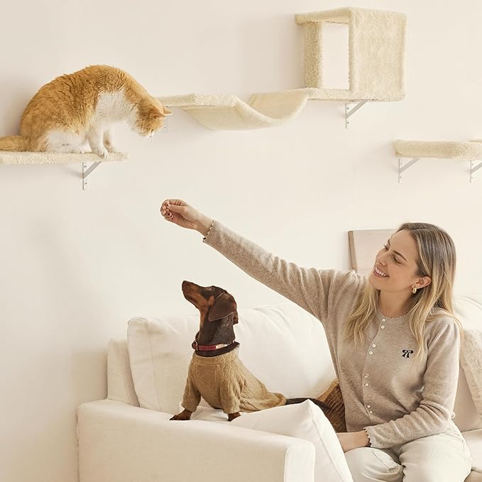 FUKUMARU Cat Wall Shelves, Stable & Safe 4 in 1 Cat Walls Furniture Set, Wooden Kitten Climbing Wall with Scratching Post for 16 Inch Drywall - Beige