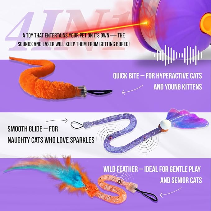 Cat Laser Toy Automatic 4-in-1, Interactive Ball & Laser Pointer for Indoor Cats with 3 Interchangeable Tails, Rechargeable Teasing Pet Toy for Kittens & Adults