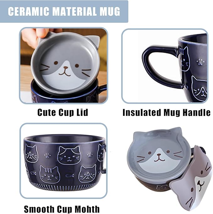 Cute Ceramic Cat Mug with Lid Anime Cat Coaster 10 oz Kawaii Coffee Mugs for Desk Lovers Gift, Blue