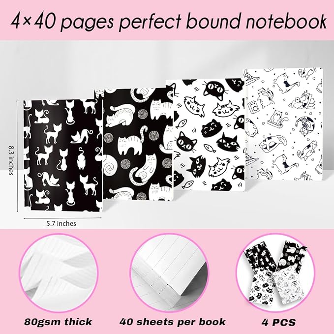 Cat Lined Notebooks for Work, 4 Pcs A5(8.26x5.7inch) College Ruled Notebook Journal for Women, Cute Notepads Journals for Writing, Cute Diary Stationary Cat Lover Gifts 2