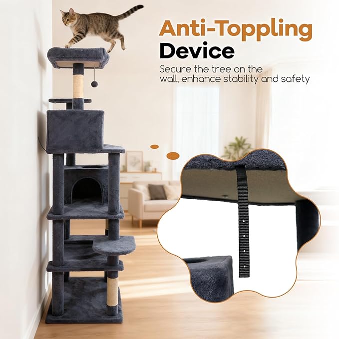 DORTALA 75" Tall Modern Cat Tree, Multi-Level Cat Tower with Large Condos, Sisal Scratching Posts, Top Perch, Hammock, Dangling Balls, Kitten Beds & Climbing Furniture for Indoor Cats (Grey)