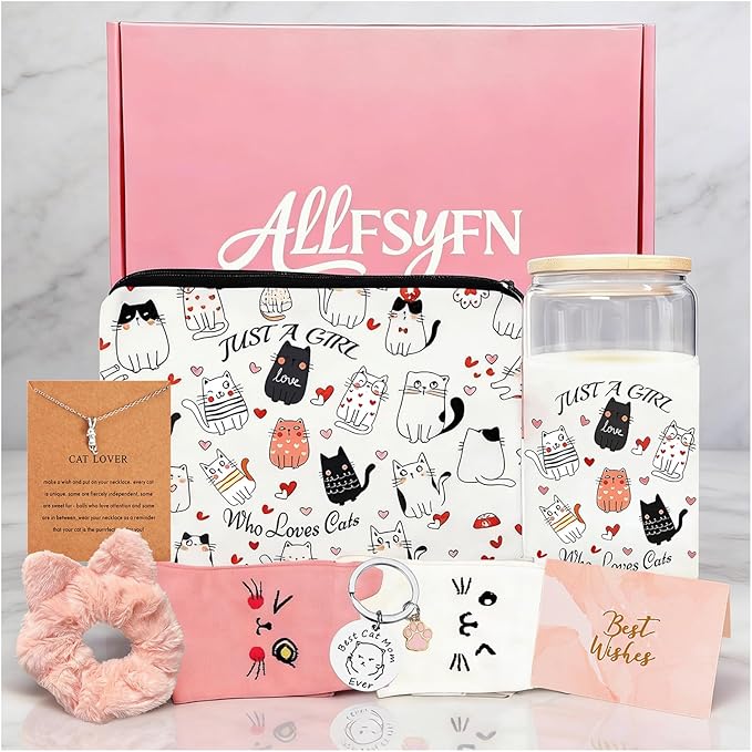 9 Pcs Cat Lover Gifts for Women,Cat Mom Themed Gift Box with 16 oz Glass Cup &Funny Socks, Mother's Day, Birthday Gifts for Cats Crazy Lady, Owner, Friends, Sister, Daughter