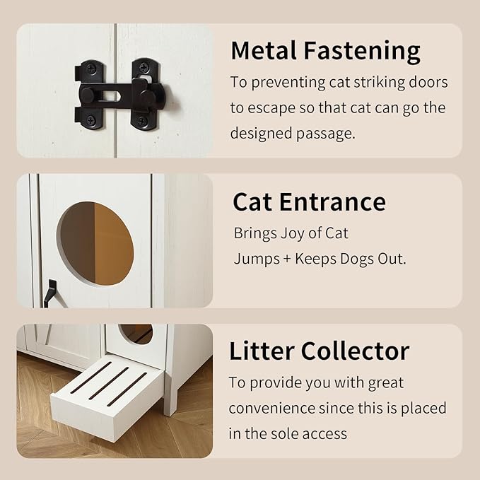 Large Litter Box Enclosure with Cat-Exclusive Dog-Proof Entrance, Litter Cabinet with Power Outlet and Litter Collector, for Placing Cat Robot 3/4 (Antique White)