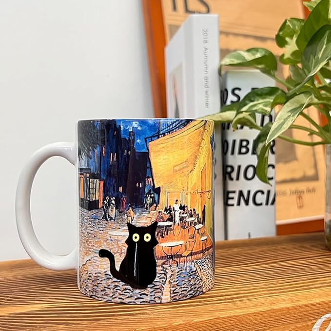 Famous Art Paintings Funny Cat Coffee Mug for Artist Art Lover Teacher Cat Lovers, Famous Picture Classic Vincent Aesthetic Canvas Mug Birthday Gift for Women Man (Terrace at Night)