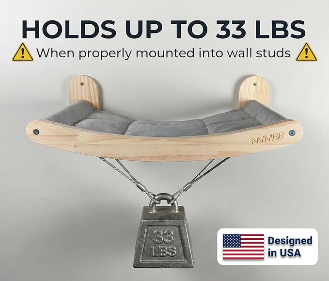 Cat Wall Shelf Bed Hammock with Sisal Stairs Set, Easy Install | 16 inch Stud Design | Holds up to 33 lbs | Indoor Shelf Lounge with Saftety Bar Designed in USA