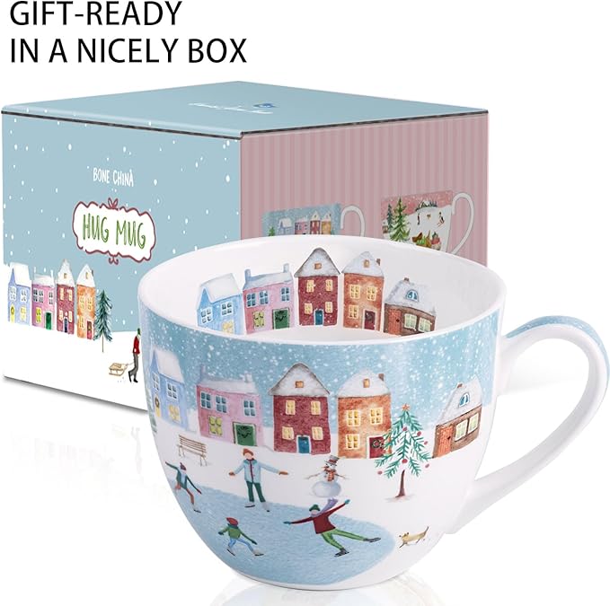 Christmas Skating Mug - 20 oz Bone China Winter Coffee Mugs with Snowy Village, Perfect Holiday and Birthday Gifts for Friends and Family - Designed in England by Harvest Green Studio