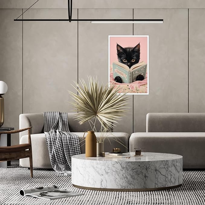 Vintage Cat Canvas Wall Art Funny Cute Cats Reading Books Poster Retro Pink Flower Abstract Animal Aesthetic Prints Painting For Girls Room Bedroom Kids Room Dorm Wall Decor 16x24in Unframed