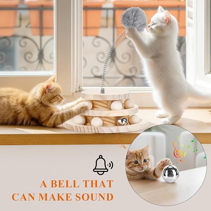 Cat Toy Track Ball with Bell Teaser Wand - Double-Layer Tower Roller, Interactive Wooden Cat Toy for Mental & Physical Exercise, Double Fun for Kittens & Cats