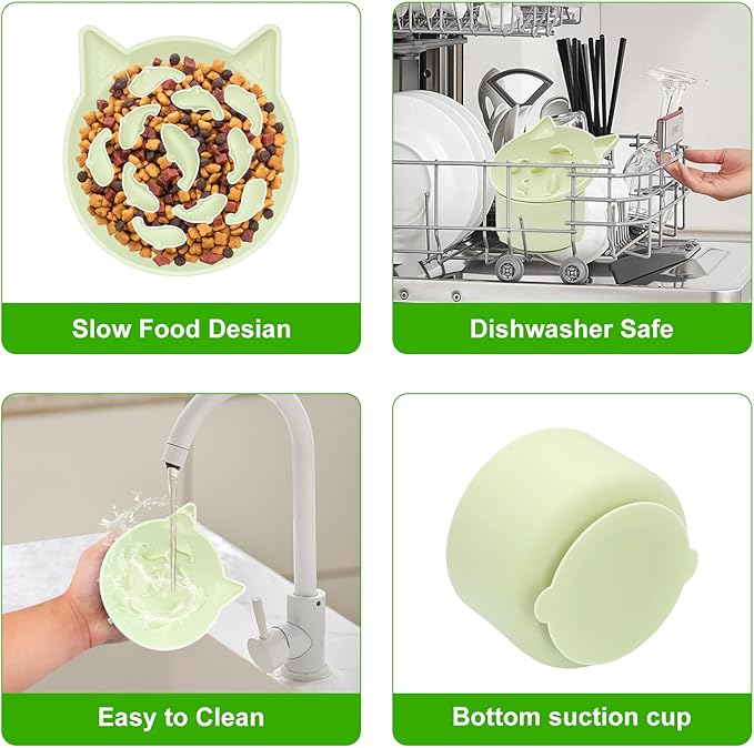 Cat Slow Feeder, Elevated Slow Feeder Bowl Tilt Design, No Black Chin, Tilted Design, for Dry Wet Food, for Cats & Small Dogs (Green)