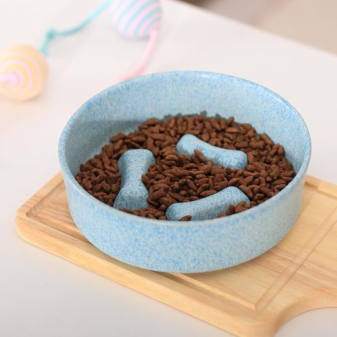 Ceramic Slow Feeder Cat Bowls 6 Inch Cute Bone Slow Feeding Dog Food Bowl,Whisker-Friendly, Anti-Vomiting Feeder for Cats and Small Dogs Non Slip Dishwasher/Microwave Safe (Blue)