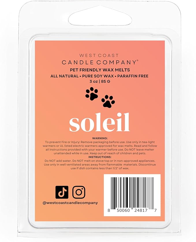 Soleil | Pet Friendly Wax Melts | Natural Soy | Clean Burning | Non-Toxic | Veterinarian Approved | Pet Odor Eliminator | Air Freshening Scented Wax Melts