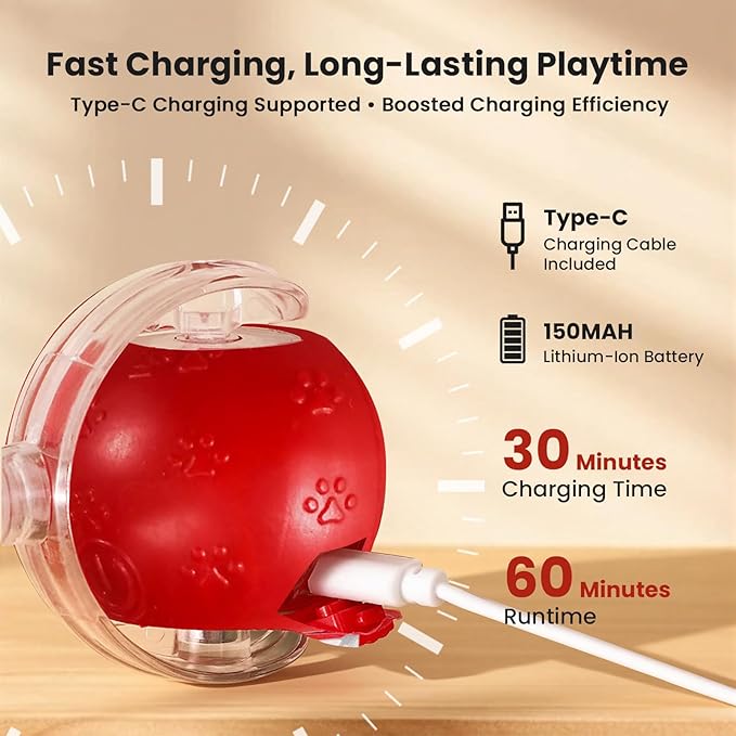 Rocfish Cat Toys, Cat Toys for Indoor Cats, Cat Toys Interactive, 360° Rotating Automatic Interactive Cat Ball, Smart Activation, LED Light, Type-C Rechargeable, 3 Replaceable Dragonfly Tails (Red-N)