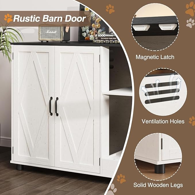Large Litter Box Enclosure with Litter Collector & Dog-Proof Shelf, Hidden Litter Box Furniture for Self Cleaning Litter Box, Wodden Litter Box Cabinet, Cat Box Enclosure, Side Table, White