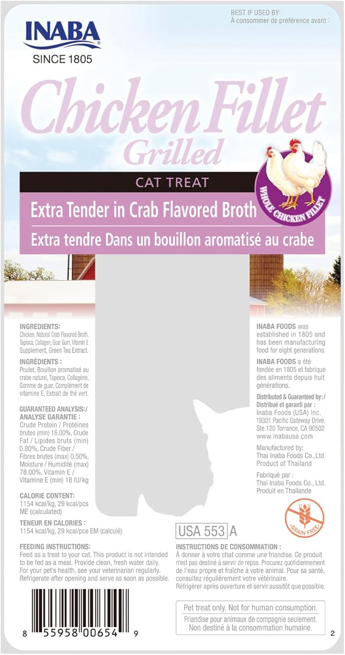 INABA Premium Hand-Cut Grilled Chicken Fillet Cat Treats/Topper with Vitamin E and Green Tea Extract, 0.9 Ounces Each, Pack of 6, Extra Tender Crab Broth