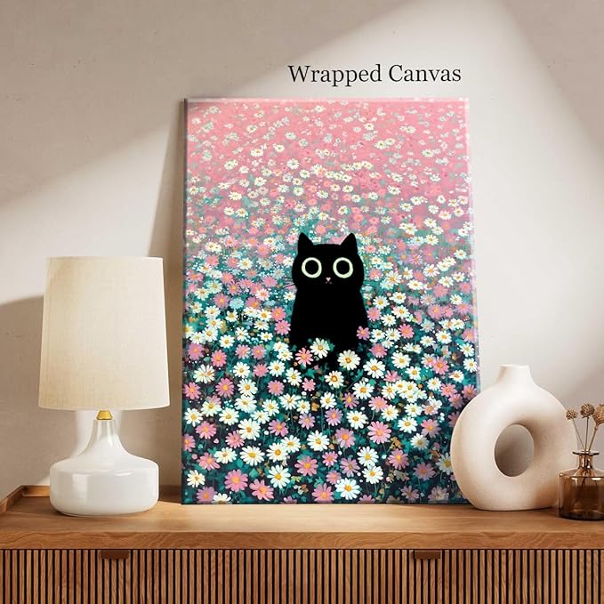 Black Cat Canvas Wall Art, Cute Cat In Daisies Meadow Poster, Adorable Animal Picture, Pink White Flowers Print Painting for Bedroom, Nursery Wall Decor Pet Lover Gift 16x20in Wrapped Canvas