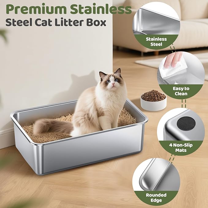 Gimars Extra Large Thicken Stainless Steel Litter Tray - Easy to Clean High Side Rustproof, Never Absorbs Odors Metal Litter Tray for Cats Rabbits