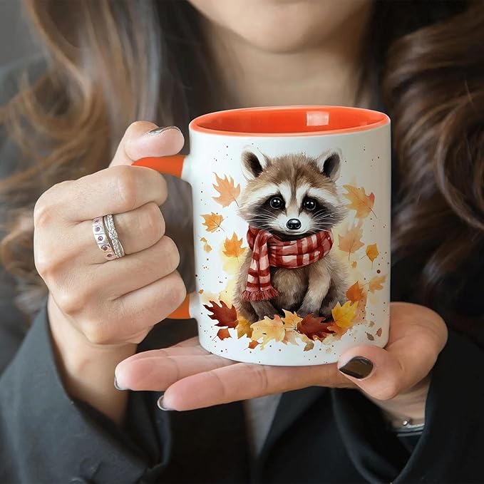 Hyturtle Fall Raccoon Coffee Mug - Birthday Gifts For Raccoon Lovers - Fall Autumn Decor For Farmhouse Thanksgiving - Raccoon Gifts For Women - 11oz Two Tone Orange/White Ceramic Coffee Tea Mug Cup
