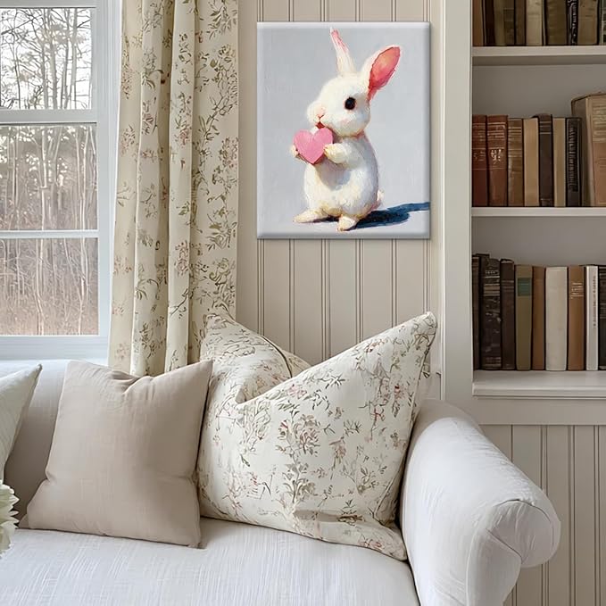Cute Vintage Bunny Wall Art Decor Bunny with Pink Heart Print Picture Cute Animal Wall Decor for Home Farmhouse Living Room 8x10 Inch Canvas Framed