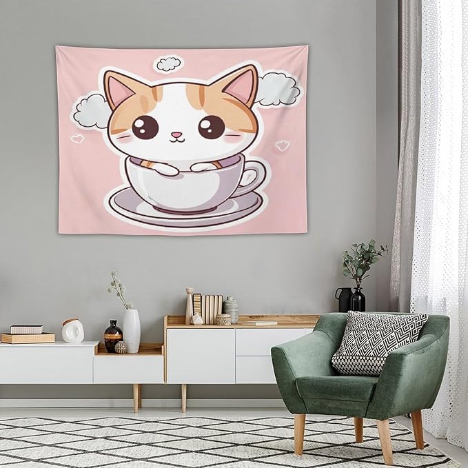 MaSiledy Kawaii Cat Tapestry As Wall Art Cute Kitten Cat Meow Vintage Aesthetic Tapestry Wall Hanging Landscape Tapestry for Bedroom Colorful Wall Hanging Aesthetic Wall Art For Room Decor 30"x40"