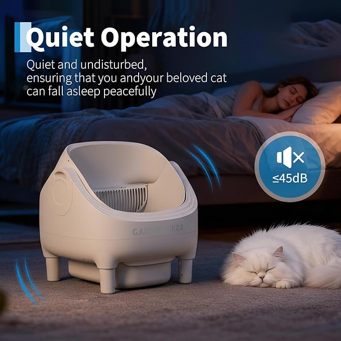 Garvee Open-Top Automatic Cat Litter Box with APP Control, Odor-Free Waste Disposal Includes Trash Bags, 10.5L Large Waste Bin, Self Cleaning Litter Box for Multiple Cats, White