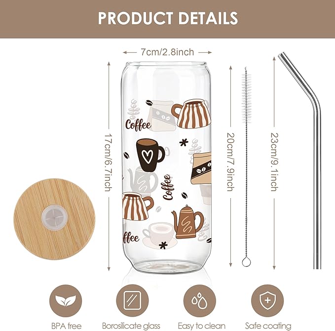 Joeyan Glass Cup with Lid and Straw - 20oz Iced Coffee Cups with Positive Crochet Coffee Mug Doll, Funny Coffee Gifts for Women, Coffee Lover Tumbler for Smoothie Boba Tea, Espresso Gift for Her