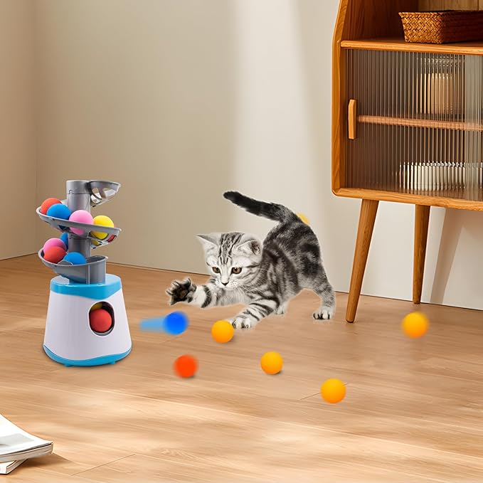 Automatic Cat Toy Ball Launcher with 16 EVA Bouncy Balls, Interactive Toys for Indoor Fetch Toy Machine for Playing Training