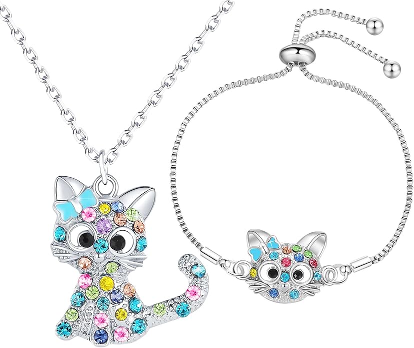 Lovely Rainbow Rhinestone Cat Jewelry Set For Girls Pendant Necklace Girl Jewelry Gift For Girls Daughter Granddaughter Niece Christmas Gift Girl Birthday Gift over 3 years old.
