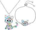 Lovely Rainbow Rhinestone Cat Jewelry Set For Girls Pendant Necklace Girl Jewelry Gift For Girls Daughter Granddaughter Niece Christmas Gift Girl Birthday Gift over 3 years old.