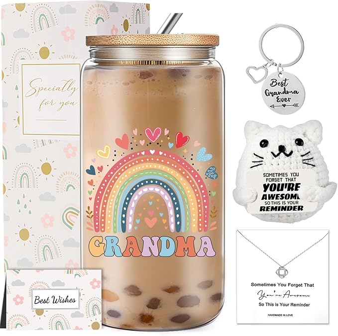 Great Grandma Gifts, Birthday Gifts for Grandma from Grandchildren Granddaughter Grandson, Unique Godmother Thank You Gift Set with 16Oz Glass Cup Necklace