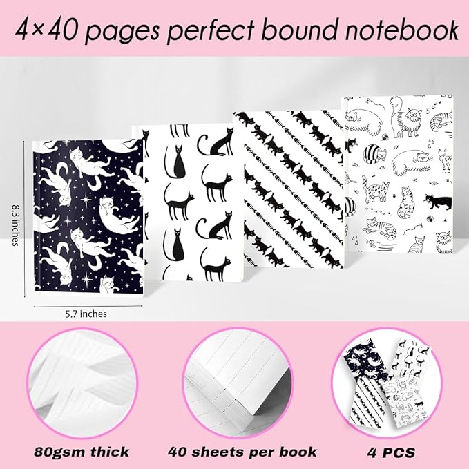 Cat Lined Notebooks for Work, 4 Pcs A5(8.26x5.7inch) College Ruled Notebook Journal for Women, Cute Notepads Journals for Writing, Cute Diary Stationary Cat Lover Gifts 6