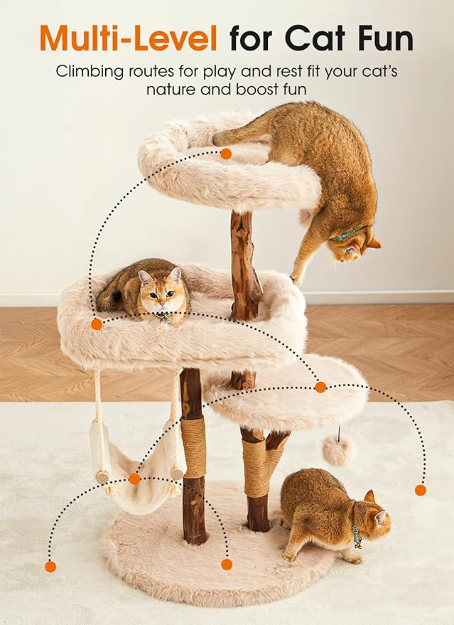 Letkind Modern Cat Tree Tower for Large Indoor Cats, Perches-Natural Solid Wood Cat Tower with Sisal Scratching Post, Perches, Hammock & PlayBalls, Aesthetic Boho Cat Furniture