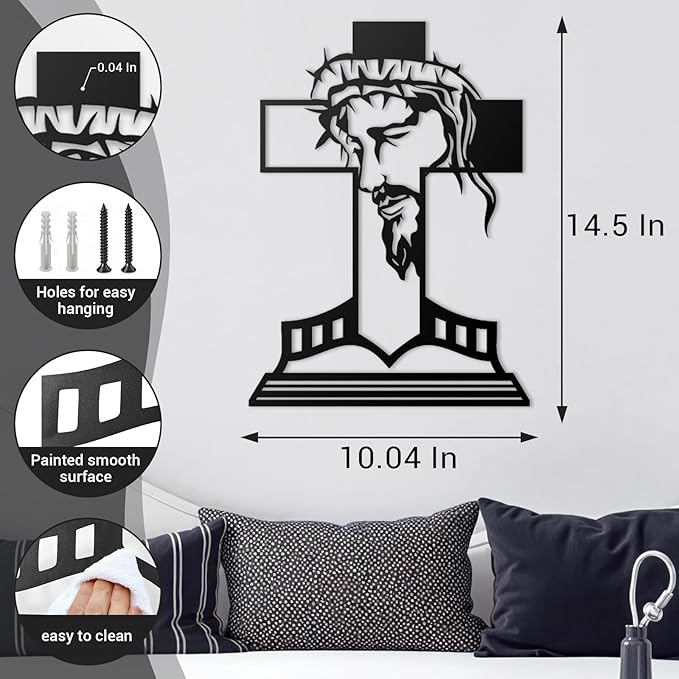 MDFUGEG Metal Cross Jesus Wall Decor-14.5x10.04in Black Religious Wall Art for Christian Catholic | Home Church Living Room Bedroom Decor, Baptism Mother's Day Religious Gifts