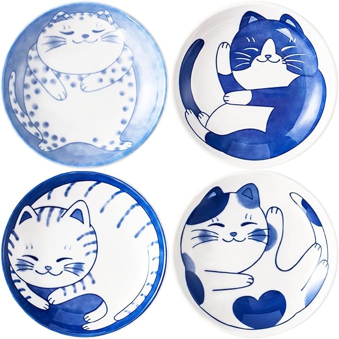 4 Pcs 4 Inches Cute Cat Soy Sauce Dish,Ceramic Cat Bowls,Japanese Cat Plates,Dipping Bowls,Snack Dish,Small Ceramic Saucers Plates, Sushi Plate Set, Mini Bowls, Small Bowls for Sides Dish (4 Inch)
