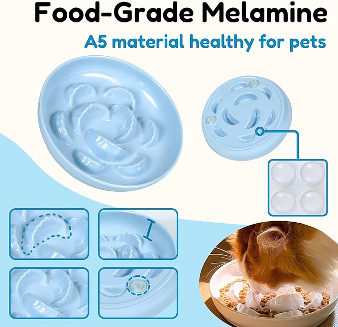 2 Pcs Cat Slow Feeder Bowl Set - Unbreakable Melamine Puzzle cat Bowl for Slow Eating - Cat Dish for Wet & Dry Food- Whisker Friendly & Dishwasher Safe & Non Slip Design - 6.3 x 6.3 '' (Blue+White)