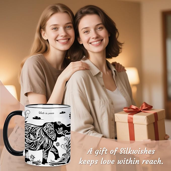 Elephant Gifts for Women, Elephant Mug 11Oz Mothers Day Birthday Gifts for Women, Black and White Boho Mug for Coffee, Tea and Milk, Ceramic Cup Microwave & Dishwasher Safe