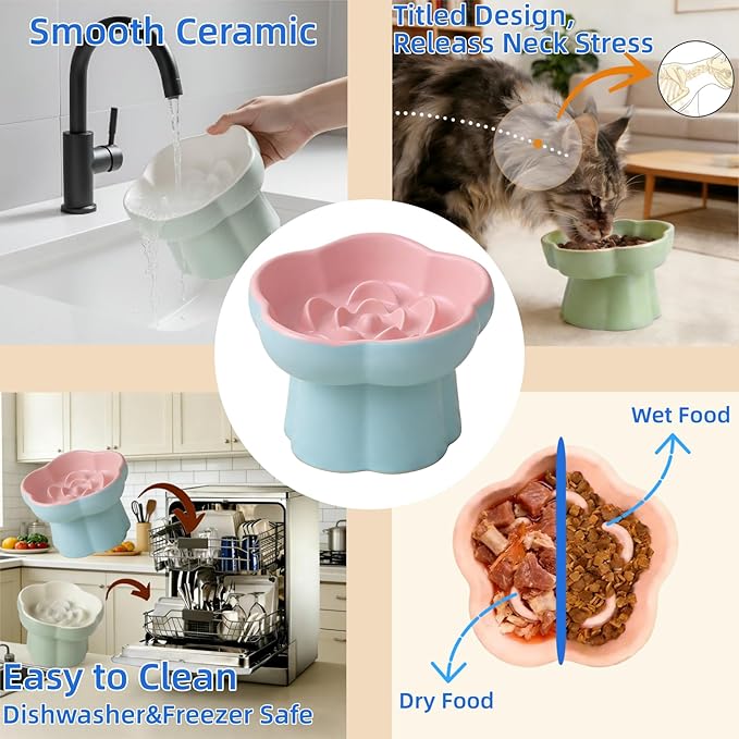 Ceramic Elevated Slow Feeder Cat Bowl,Anti Vomit Design for Whisker Fatigue Relief,Elevated Slow Feeder Bowls for Indoor Cats&Small Breeds,Perfect for Wet Food&Small Dogs (2, Green & Blue)