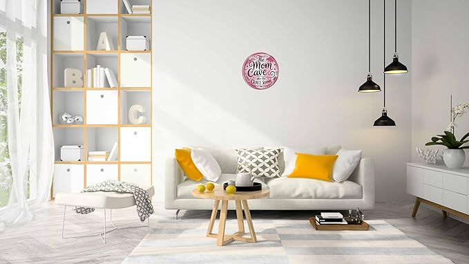 AWISZZZ Mom Cave Craft Room Metal Sign 8x8in Round Boho Plaque for Mothers Wall Decor DIY Gift