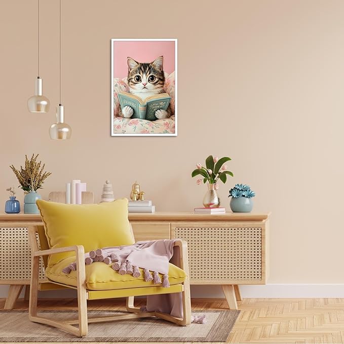 Funky Cute Cats Reading Books Canvas Wall Art Funny Pet Cat Animal Poster Trendy Pink Flower Wall Decor Cat Lovers Prints Painting For Home Bedroom Kids Room Dorm Wall Decor 16x24in Unframed
