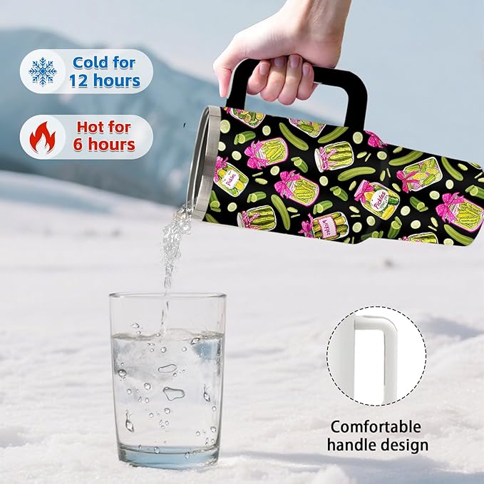 Pickle Gifts - Funny Pickle Themed Tumbler 40oz with Handle and Straws, Leak-proof, Stainless Steel Insulated Travel Coffee Mugs for Pickles Lovers, Pickled Food Enthusiasts Gifts Birthday Cup
