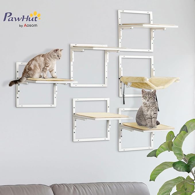 PawHut Cat Shelves for Indoor Kittens, Modern 6Pc Cat Wall Furniture with Adjustable Height Jumping Platforms and Hammock, Cream White