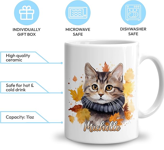 Hyturtle Personalized Fall Cat Maple Leaves Coffee Mug - Birthday Gifts For Cat Lovers - Fall Autumn Decor Gifts For Farmhouse Thanksgiving - Custom Name 11oz White Ceramic Coffee Tea Mug