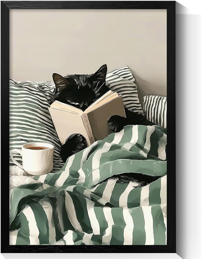 Funny Black Cat Canvas Wall Art, Cute Cat Reading Book In Bed with Coffee Aesthetic Poster, Cozy Striped Green Bedroom Animal Wall Decor, Bookish Art Print for Book Pet Lover 24x36in Framed