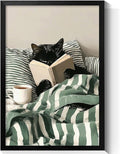 Funny Black Cat Canvas Wall Art, Cute Cat Reading Book In Bed with Coffee Aesthetic Poster, Cozy Striped Green Bedroom Animal Wall Decor, Bookish Art Print for Book Pet Lover 8x10in Framed
